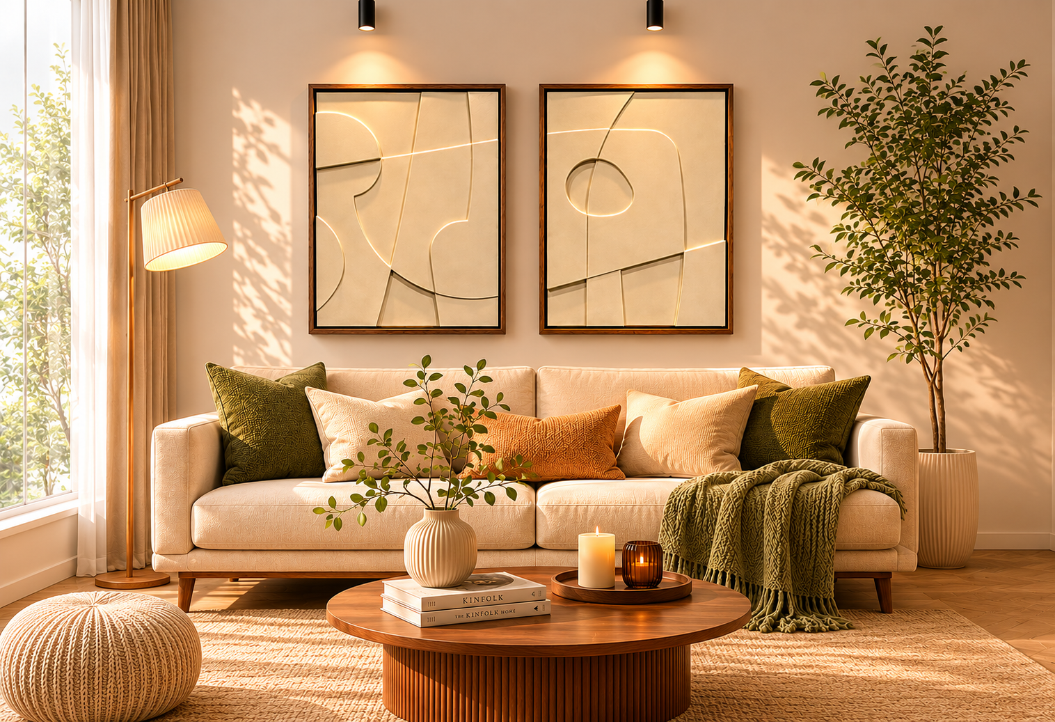Màu Champagne Beige phòng khách Japandi ấm áp